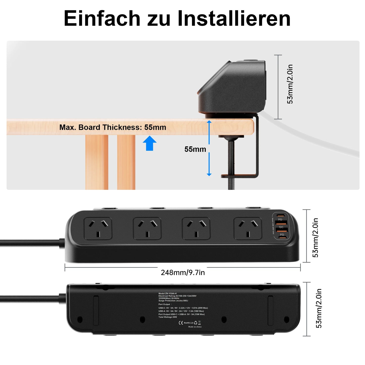 AU Plug Desk Clamp power board with 4 AC outlets 2 USB A and 2 USB C PD20W fast charging, 2m extension cord, multiprise socke