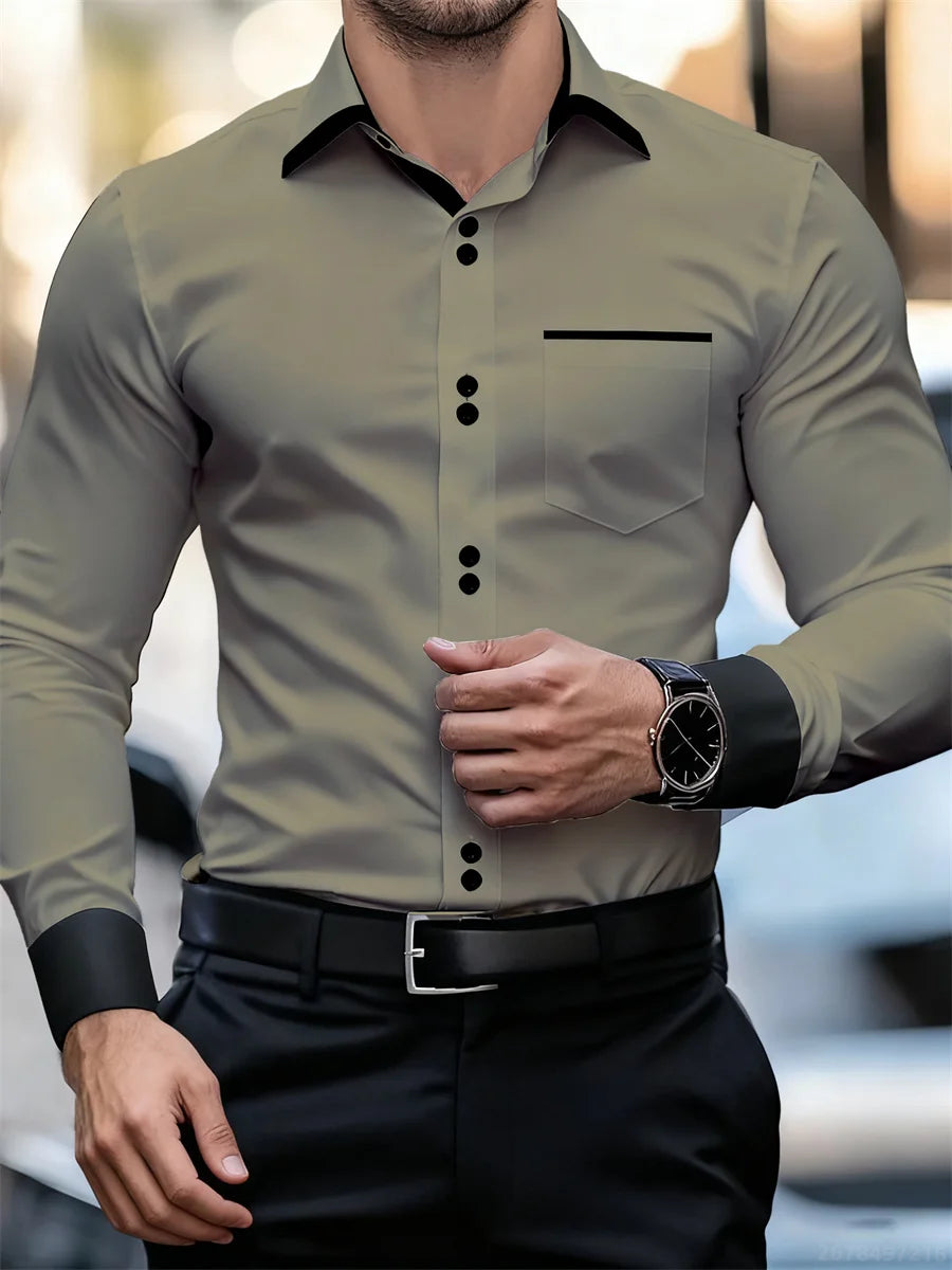 Chemise à manches longues et col color block pour hommes, coupe slim, infroissable, chemise patchwork noire et blanche, haut de mode pour hommes