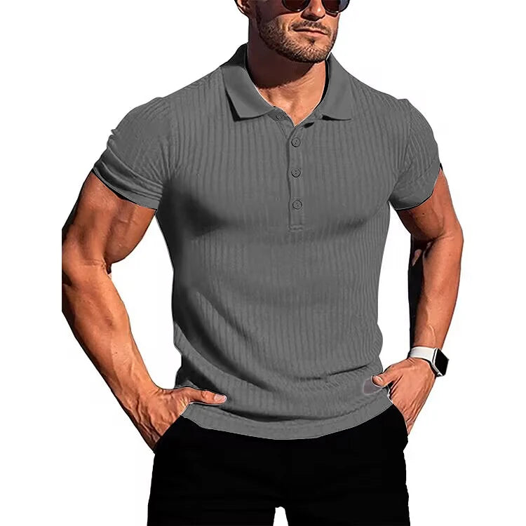 Herren Lauf-Sport-Fitnessbekleidung Sommer hochelastisches, vertikales Kurzarm-Polo-Shirt schlankes Strick-Basis-Shirt