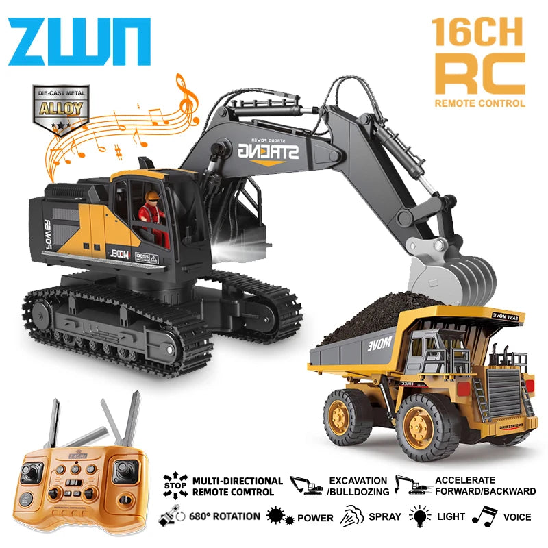 ZWN 1/16 1/20 Ferngesteuerter Bagger Kipper RC Modellauto Spielzeug Professionelles Legierungs-Simulations-Baufahrzeug für Kinder