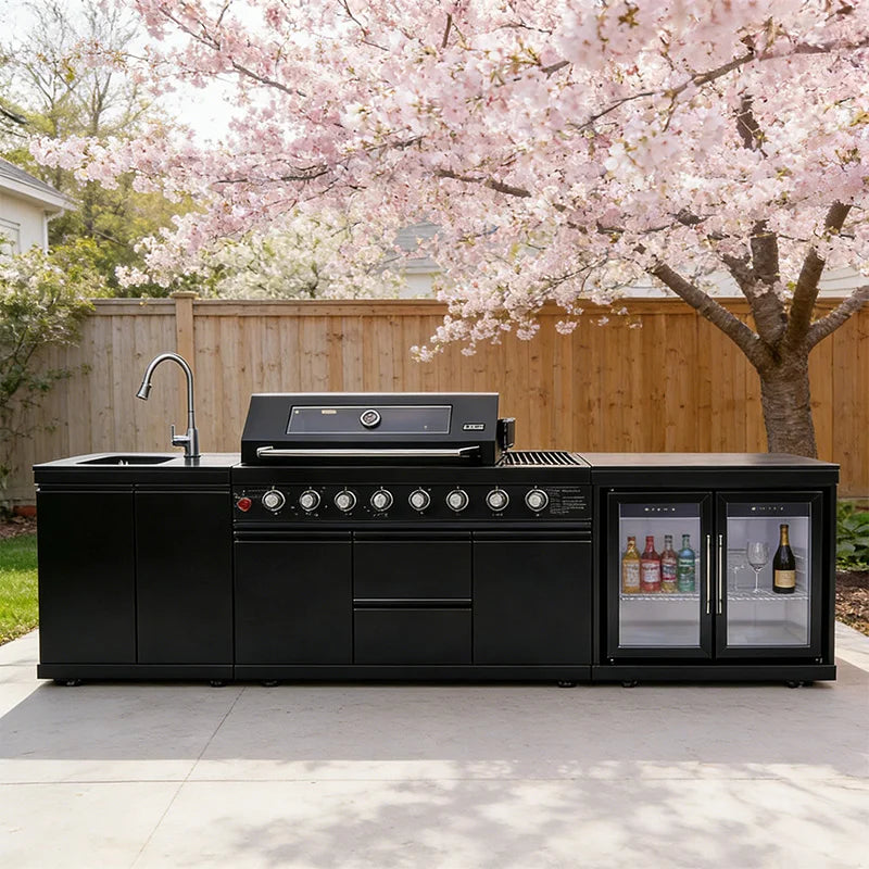 Cuisines d'extérieur modernes modulaires fonctionnelles en acier inoxydable avec grill, plaques de cuisson, évier, réfrigérateur et LED pour patio et jardin.