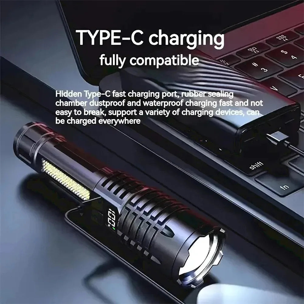 Super Bright COB LED Flashlight TYPE-C Rechargeable Zoomable With Side Light Waterproof Torch Camping Hiking Emergency Outdoor