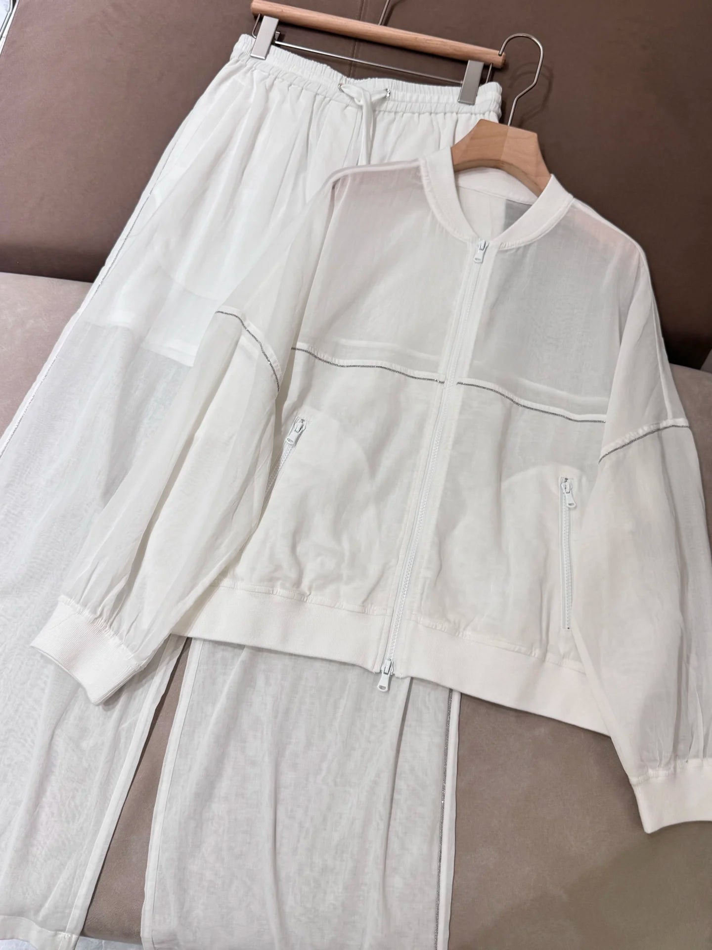 Spring Summer 2025 Women's Thin Cotton Sun Protection Suit Long Sleeve Zipper Jacket + Drawstring Straight Pants 2-Piece Set