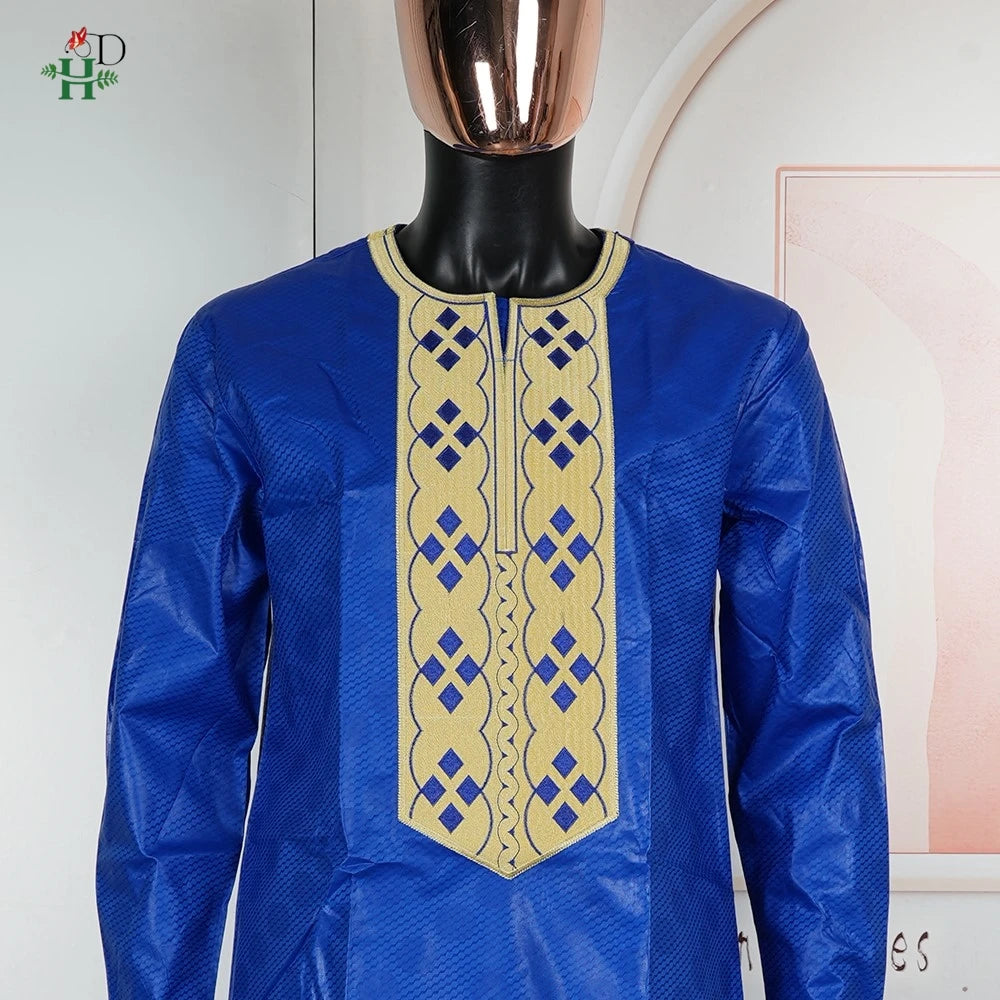 H&D Nouveaux Vêtements Africains pour Hommes Tradition Vêtements Broderie Bleu Ensemble 2 Pièces Haut Pantalon Bazin Musulman Mariage Fête Dashiki
