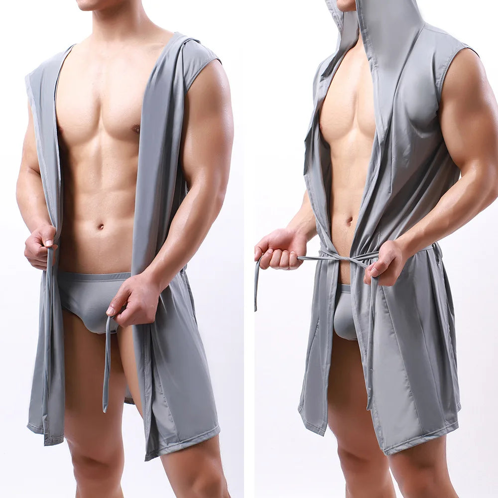 Sexy Nachtwäsche Herren Bademäntel Weich Seidig Ärmelloses Nachthemd Herren Homewear Morgenmantel Herren Pyjamas (Keine Shorts)
