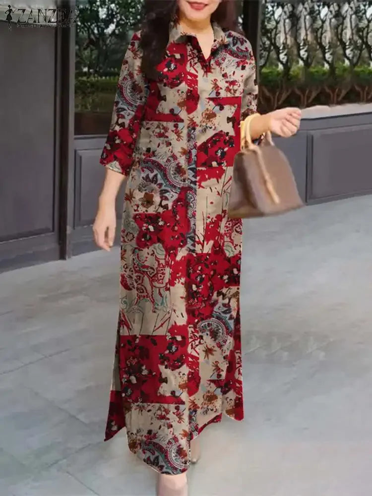 ZANZEA Robe longue à manches 3/4 pour femme, collection automne 2024, robe-chemise en coton avec col à revers, imprimé floral vintage, robe longue, nouveauté