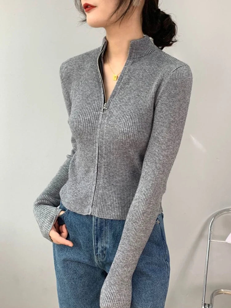 Frühling Herbst Reißverschluss Cardigan Damen Pullover Gestrickt Langarm Stehkragen Oberteile Koreanische Mode Kurzer Pullover für Damen