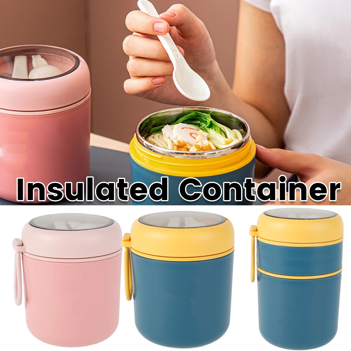 Récipient alimentaire isotherme sous vide pour aliments chauds en acier inoxydable 304 avec cuillère pliable et poignée, thermos portable pour le bureau et le travail