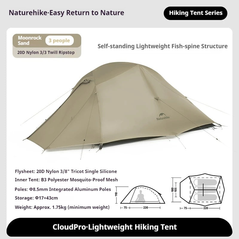 Naturehike Cloud Up Pro Tent 1/2/3 Person Lightweight 20D Nylon Waterproof Outdoor Camping Hiking Backpacking Ultralight Tent