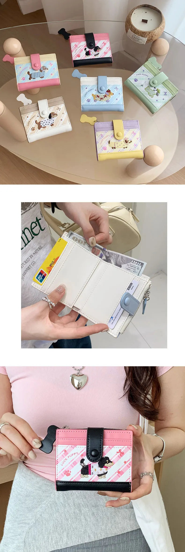 Lässiger koreanischer Stick-Stil Dackel Niedlicher kleiner Geldbeutel Cartoon-Kartenhalter mit mehreren Fächern kurze Clutch Münztasche
