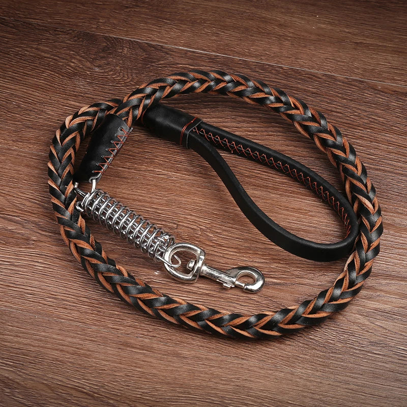 Cowhide collar+leash strong Real big dog collar High Leather Braided Dog with Buffer Spring Pet Traction Rope for Shepherd Dog