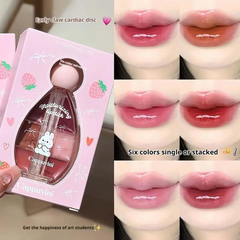 Sechs-Farben-Erdbeer-Spiegel-Gelee-Lippenstift-Palette Juicy Pink Solide Lipgloss-Set Feuchtigkeitsspendendes Lippenöl mit Silikonbürste