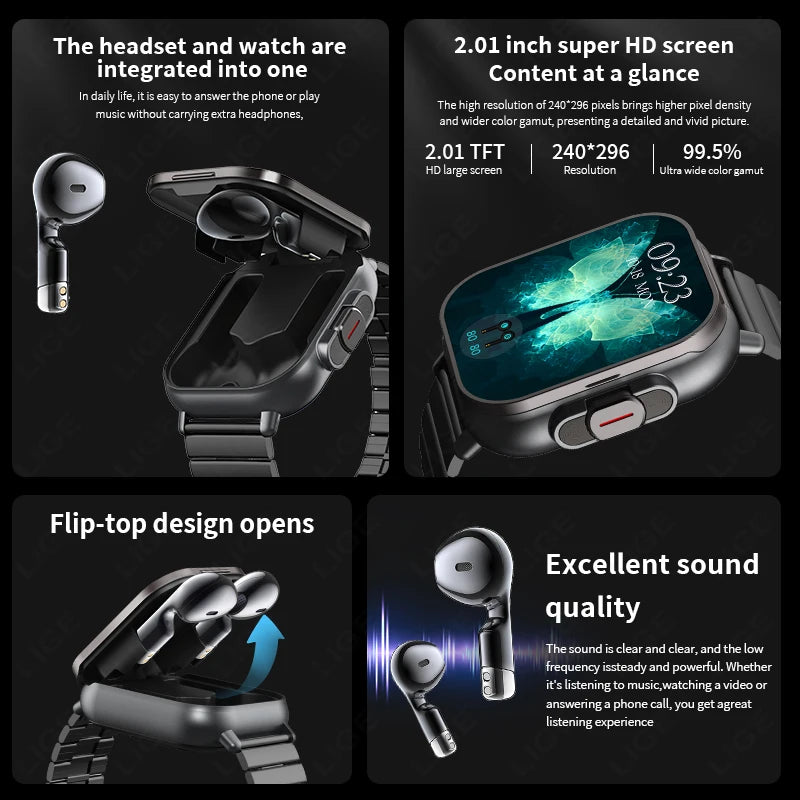 Montre connectée TWS 2 en 1 avec écouteurs, montre de sport, oreillette Bluetooth, montre d'appel, moniteur de santé pour hommes, NFC, montre intelligente pour femmes, écouteurs