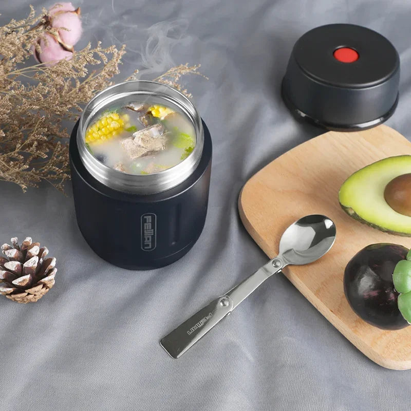FEIJIAN 500ml Tragbare Vakuumflasche Essen Thermoskanne 316 Edelstahl Einfache Vakuumisolierte Lebensmittelbox mit Löffel Kinder Lunchbox
