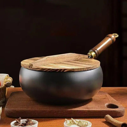 Grande poêle antiadhésive à fond plat chinoise sans revêtement, marmite en fer profonde avec couvercle en bois, diamètre 24 cm, pour friture.