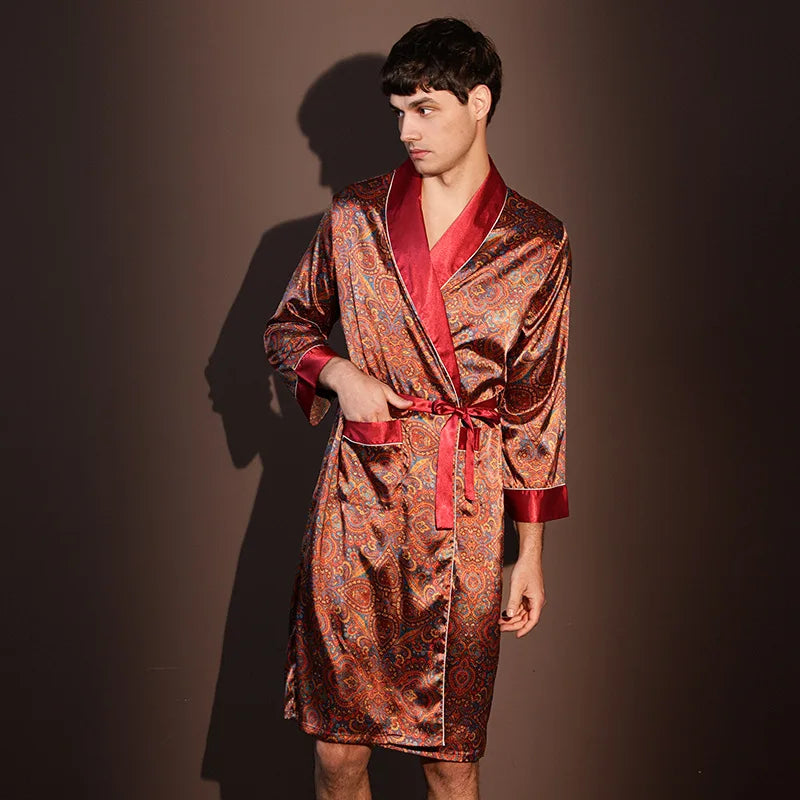 Peignoir d'été fin pour hommes, Robe de nuit de haute qualité, Peignoir une pièce, Vêtements d'intérieur masculins, Pyjama en soie glacée imprimé de grande taille pour homme, printemps
