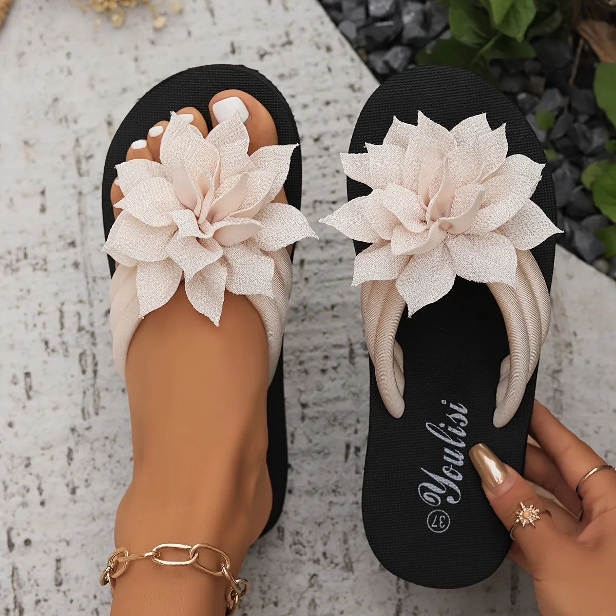 Damen geblümte Flip-Flops Slip-On Urlaub Stil Mittelhohe Absatz Sandalen Stoff Obermaterial EVA Sohle Innensohle Einfarbig Sommer Freizeit Schuhe