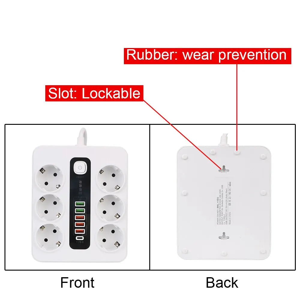 Extension Socket With Safety Switch Power Strip For Office Home EU Plug 3000W 2M Cable Overload Protection USB Type C Ports