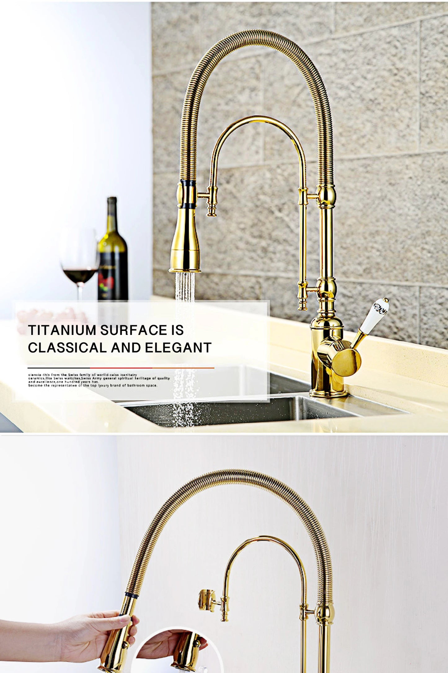 Mitigeur de cuisine AITANA de luxe en laiton doré, design rétro, monocommande double contrôle chaud et froid, 2 fonctions