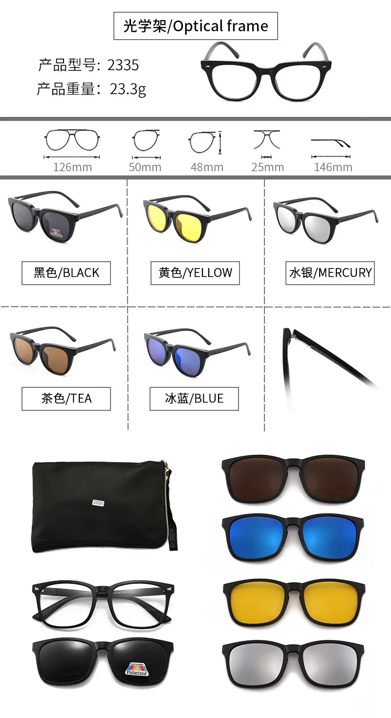 6 In 1 Polarized Sunglasses Men Women Magnetic Clip On Glasses TR90 Optical Prescription Eyeglass Frames Magnet Clips