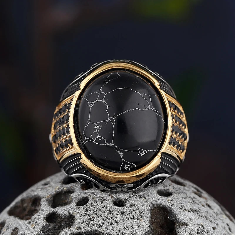 Dropshipping Vintage Gothic Stil Schwarzer Stein Ring 316L Edelstahl Geschnitzter Ring Herren und Damen Mode Biker Schmuck Geschenk