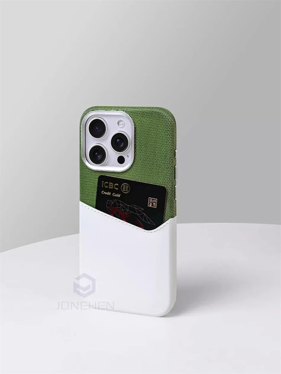 Magsafe Kartenhalter-Lederhülle für iPhone 16 15 13 12 17 Pro Max 14 Plus Tasche Kabelloses Laden Magnetische Abdeckung aus Legierung mit Linsenrahmen