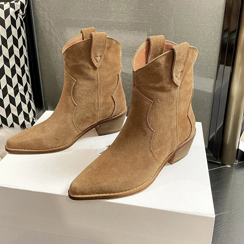 Bottes Chelsea pour femme en suède de vache à bout pointu et talon épais, bottines cousues, chaussures d'hiver, bottes western pour femme, printemps automne