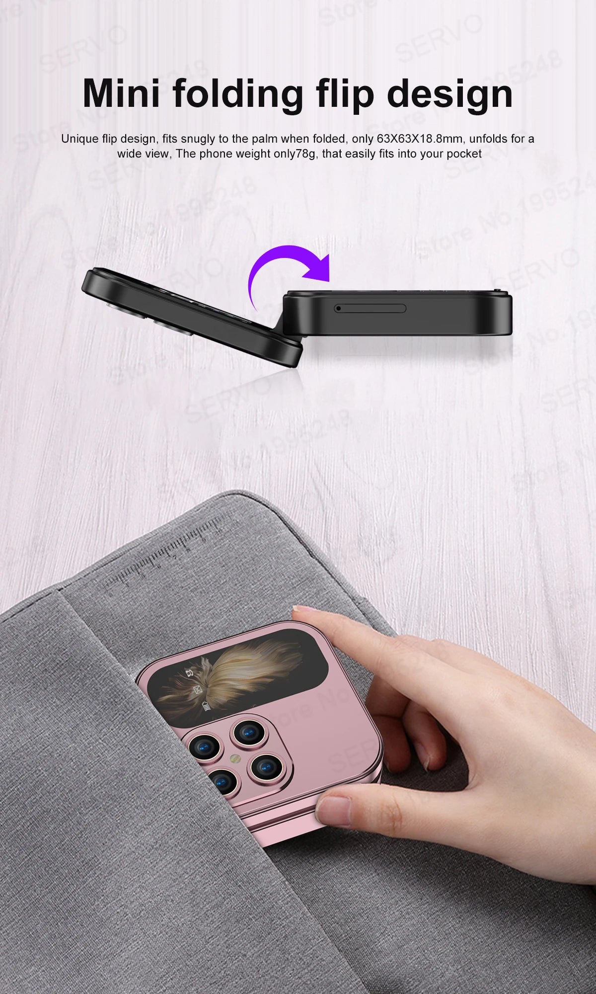 SERVO i17 Mini Flip Mobile Phone 2G Network 1.77inch Screen Dual SIM Flashlight Speed Dial FM Radio Small Fashion Foldable Phone