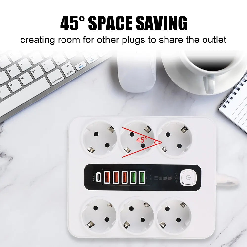 Extension Socket With Safety Switch Power Strip For Office Home EU Plug 3000W 2M Cable Overload Protection USB Type C Ports