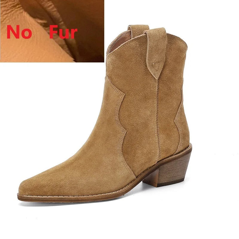 Bottes Chelsea pour femme en suède de vache à bout pointu et talon épais, bottines cousues, chaussures d'hiver, bottes western pour femme, printemps automne