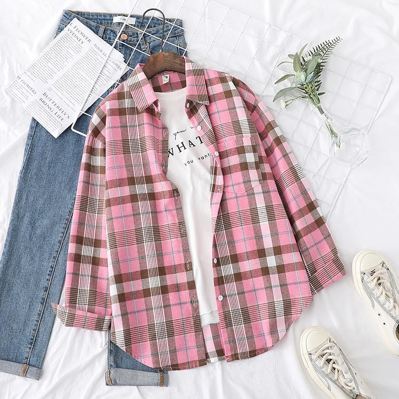 Women's Plaid Shirt 2025 New Ladies Loose Casual Blouse and Tops Fresh College Style Female Long Sleeve Shirts Women Clothes