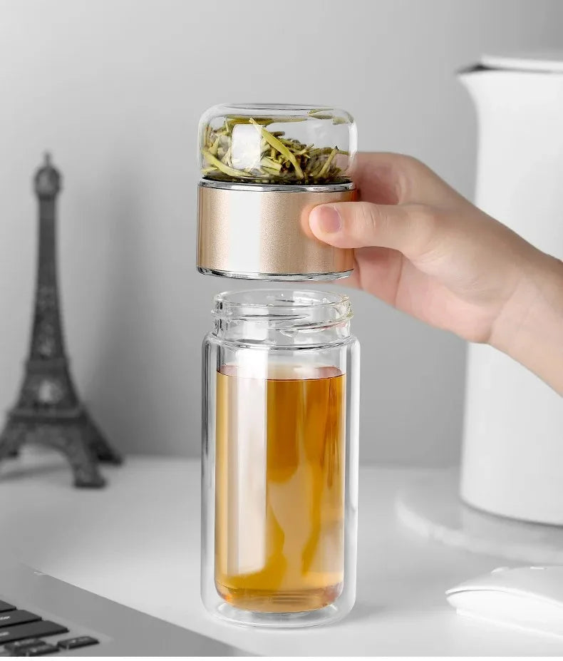 Bouteille d'eau à thé 420 ml en verre borosilicate double paroi avec infuseur pour thé, tasse à thé, gobelet, boisson avec filtre à thé