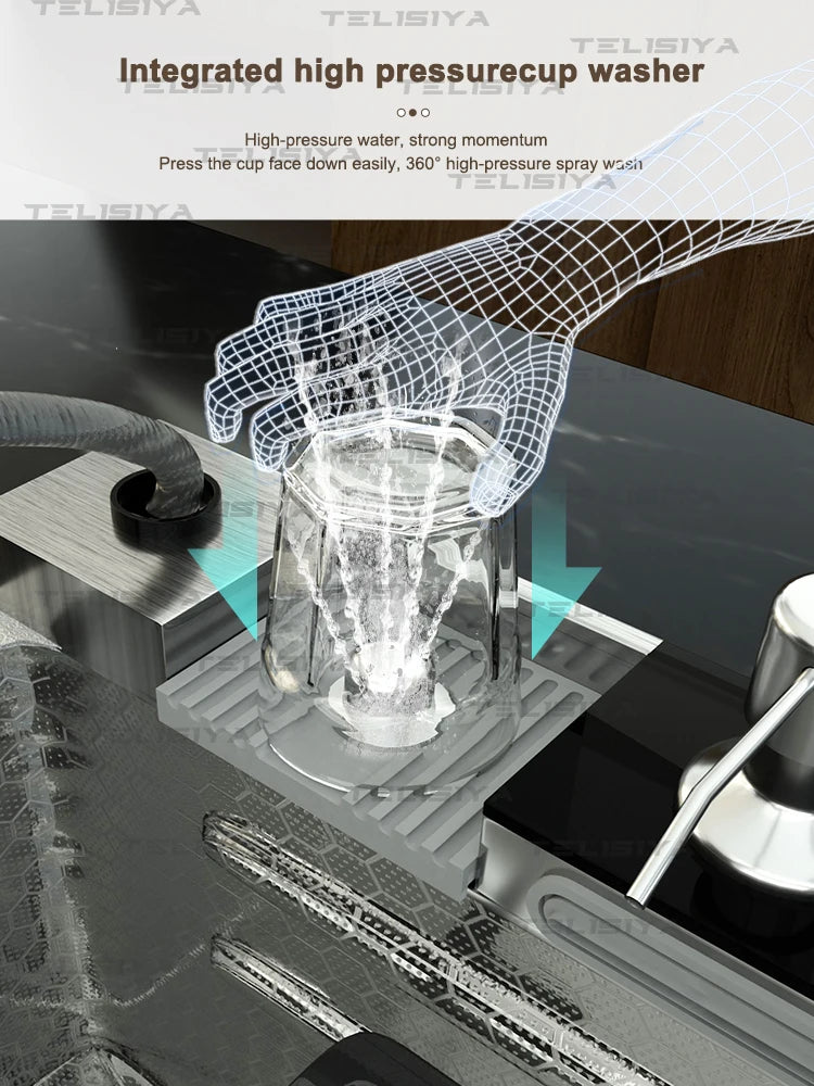 Stainless Steel Kitchen Sink Multifunctional Digital Display Waterfall Large Single Slot With Rack For Knife Wash Dish Basin