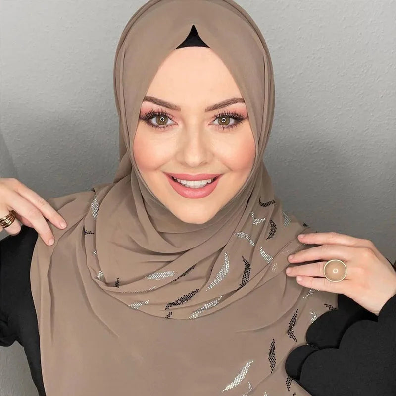Turban instant musulman Strass Blanc Mousseline Hijab Abaya Hijabs pour femme Abayas Jersey Écharpe de tête scintillante Robe Femmes Turbans