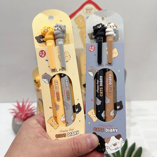 2 Stück/Box Kawaii Schreibwaren Bürozubehör Schulbedarf Set Geschenk Katze Süße Stifte Ästhetische Gelstifte mit schwarzer Tinte Kugelschreiber