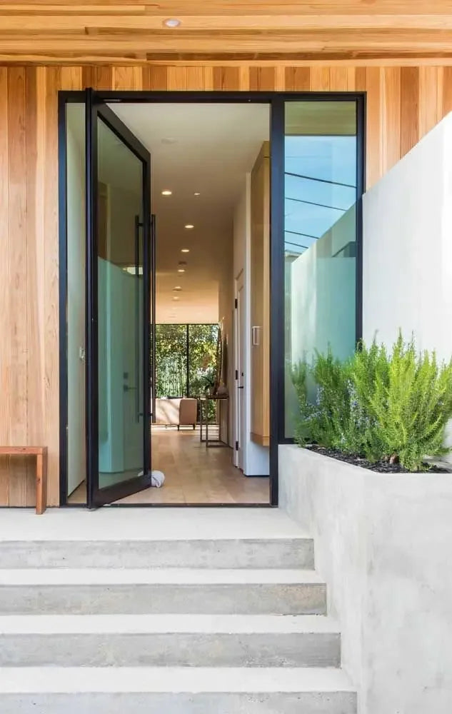 Portes d'entrée modernes pour maison, portes d'entrée en verre trempé de sécurité, porte pivotante en verre et aluminium pour villas, ouverture manuelle intérieure