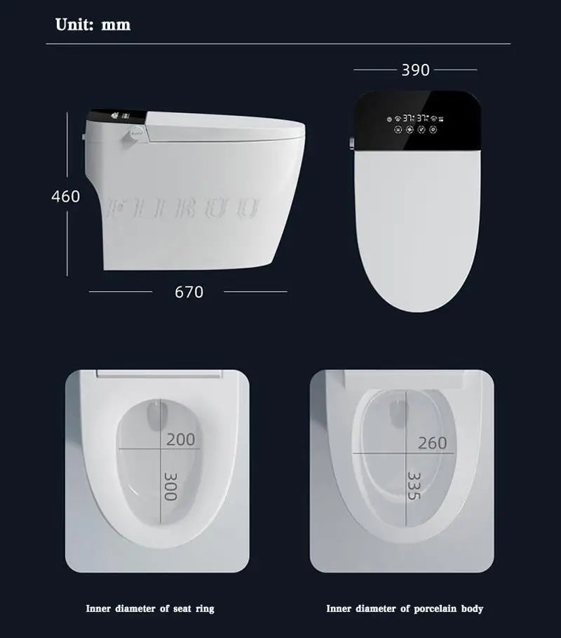 Luxuriöses Smart-WC mit integriertem Wassertank, beheiztem Sitz, verlängerter Toilettenschüssel, Verdunklungs-Spülung, Nachtlicht und integriertem Bidet-Sitz