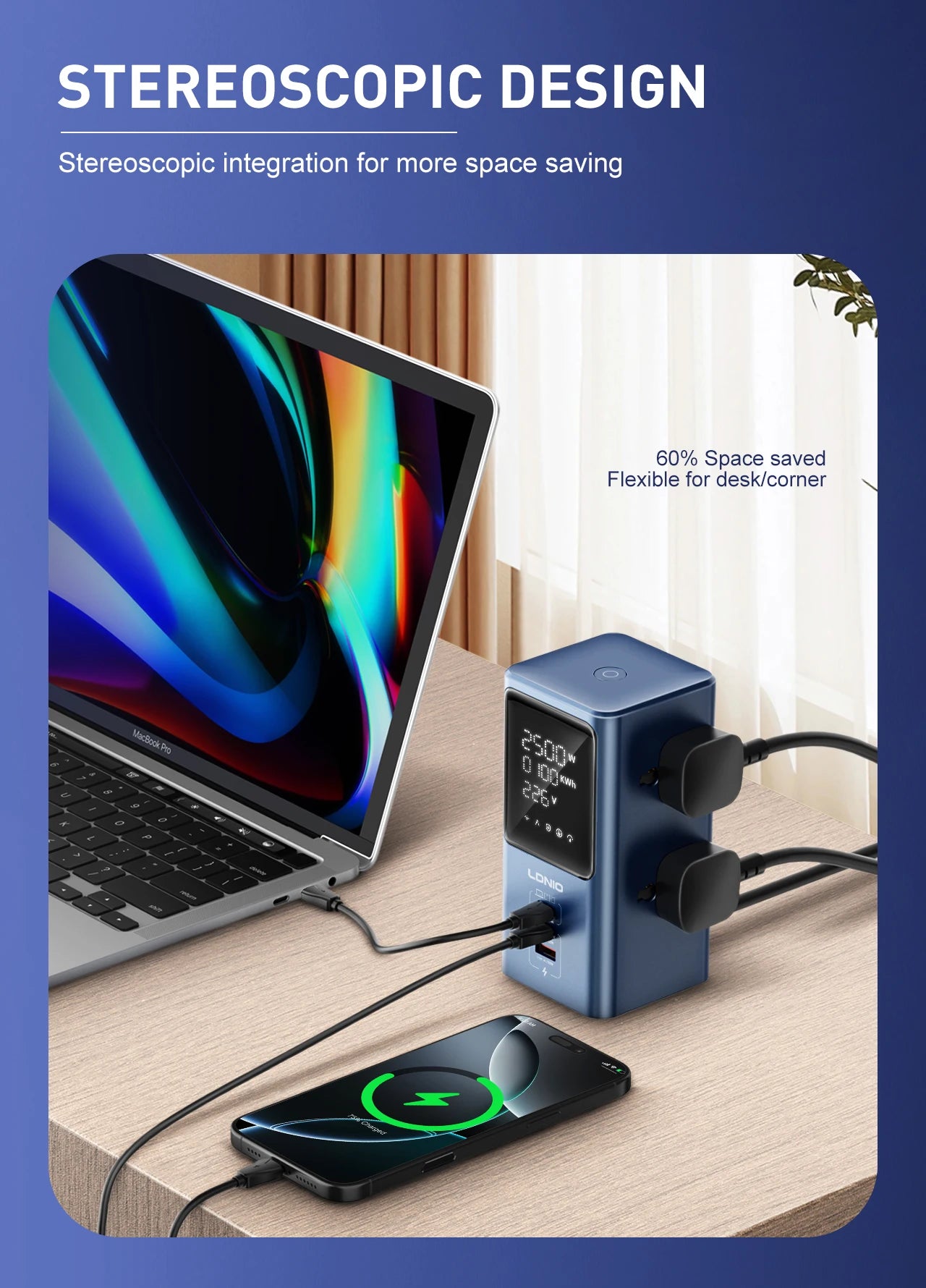 LDNIO 45W Vertikale Turm-Steckdosenleiste Mehrfach Universalsteckdosen Verlängerungskabel QC PD USB C Schnellladegerät Bildschirm UK EU US Stecker