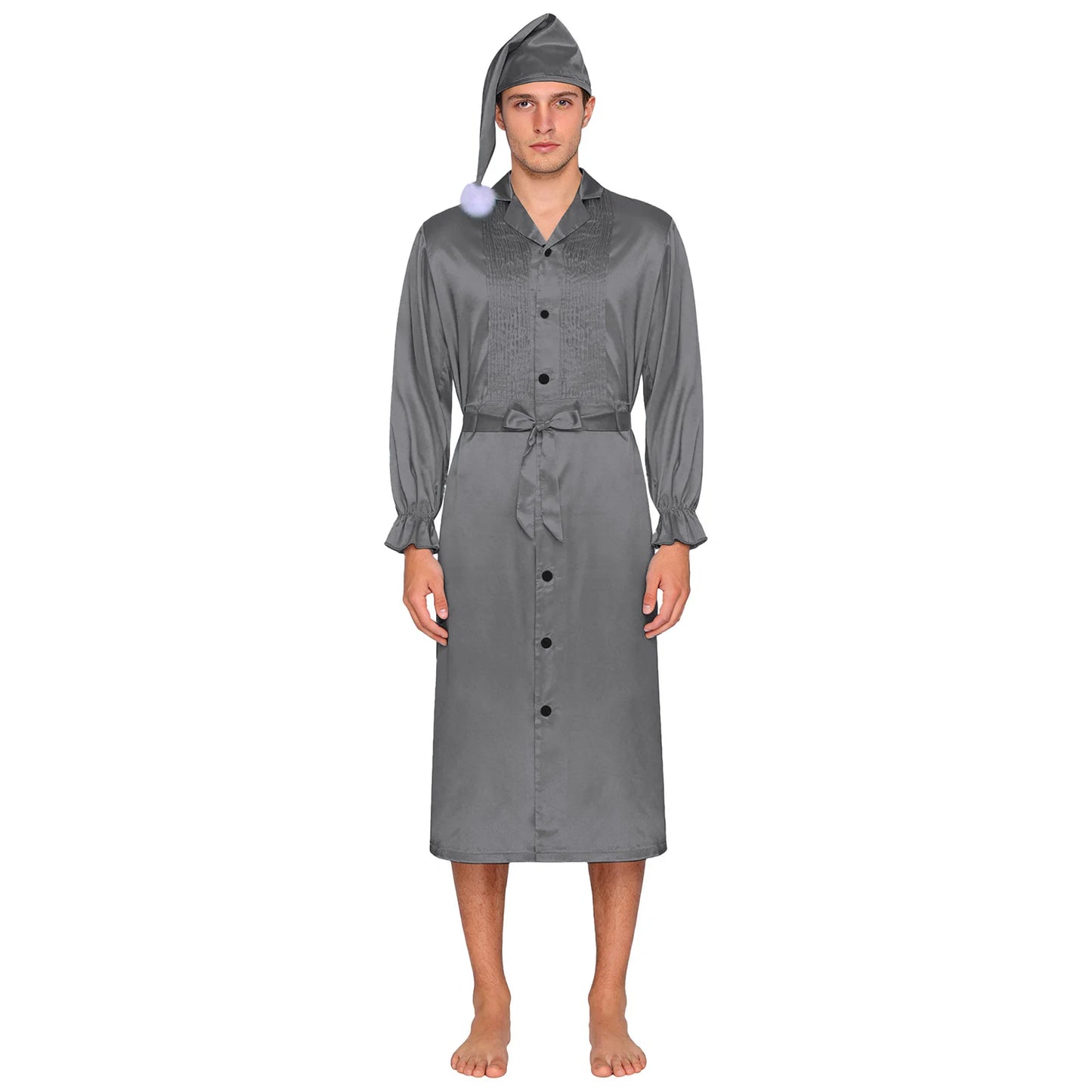 Herren Sissy Pyjama Satin-Nachtwäsche Nachthemd mit Schlafhaube Langarm Rüschenmanschetten Plissierter Brustumhang mit Gürtel Vintage