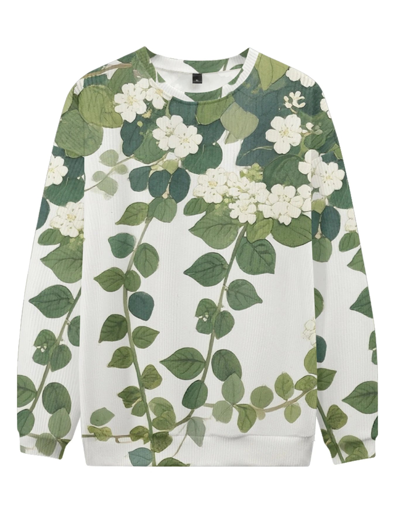 Lebhaftes weißes Rundhals-Sweatshirt mit Blumendruck, vollflächigem botanischen Design mit bunten Blüten und Blättern, lässige Frühlingsmode für Paare