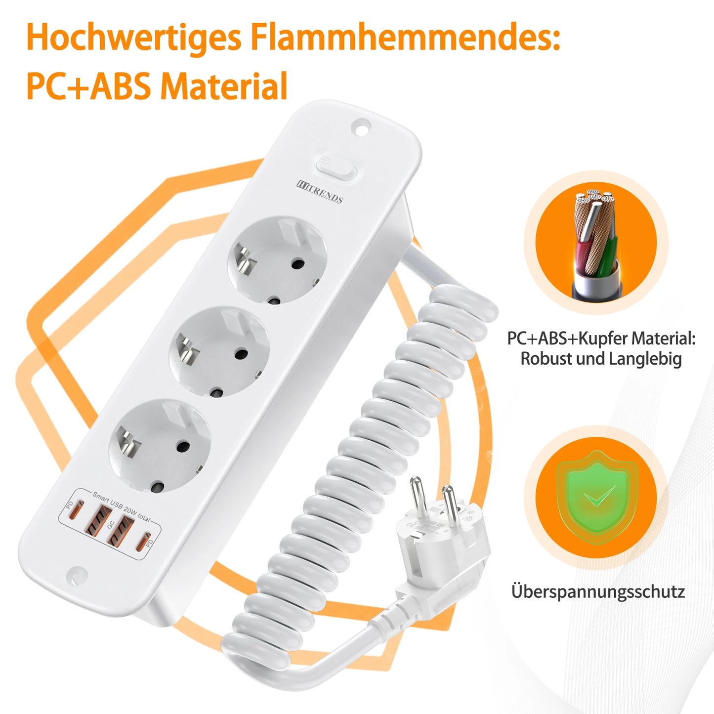 EU-Steckdosenleiste für den Schreibtisch, 3/4-fach + 4 USB-Smart-Schnellladeports, Hauptschalter, 2 Meter Feder-Verlängerungskabel