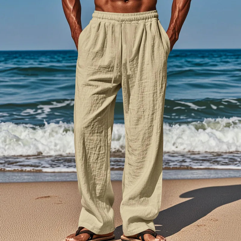 2024 neue Baumwoll-Leinen-Hose für Herren, große Größe, lässig, einfarbig, Schnürung