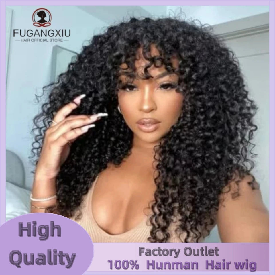 30 Zoll Water Wave Echthaarperücken mit Pony, klebefreie Pony-Perücke, Kinky Curly Bob Perücke mit Pony, vollmaschinell gefertigte Perücke, 180%