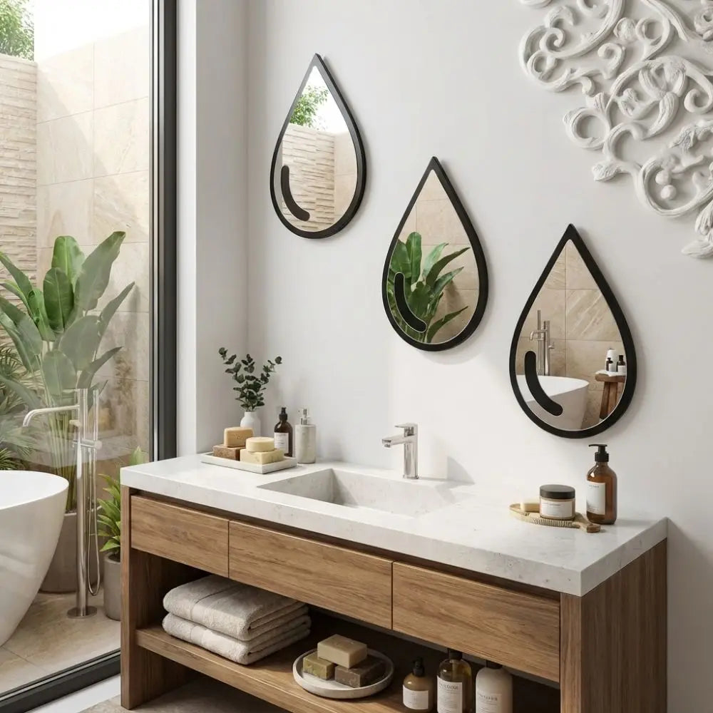 3 Pcs Autocollants Muraux Miroir Acrylique Autocollants Muraux Imperméables en Forme de Goutte d'Eau Miroir Cadre Noir Minimaliste