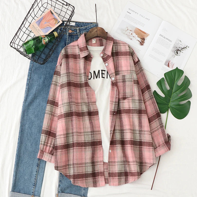 2024 Automne Nouvelle Chemise à Carreaux Ample pour Femme Marque Excellente Qualité Blouses et Hauts Design Décontracté Frais Chemises à Manches Longues pour Femme