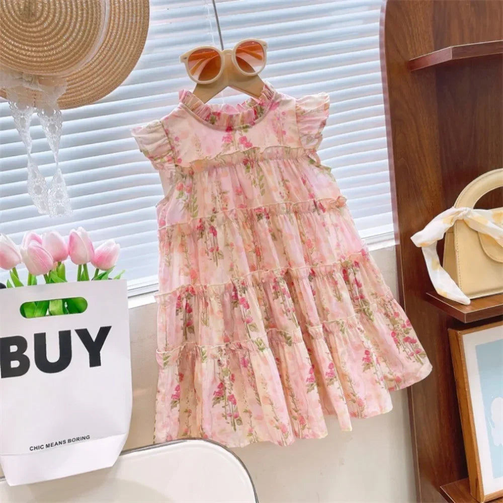 3-7 Years Old Summer New Princess Dress Pink Round Neck Sleeveless Lace Flower Print Girls' Casual Clothes Birthday Party Wear