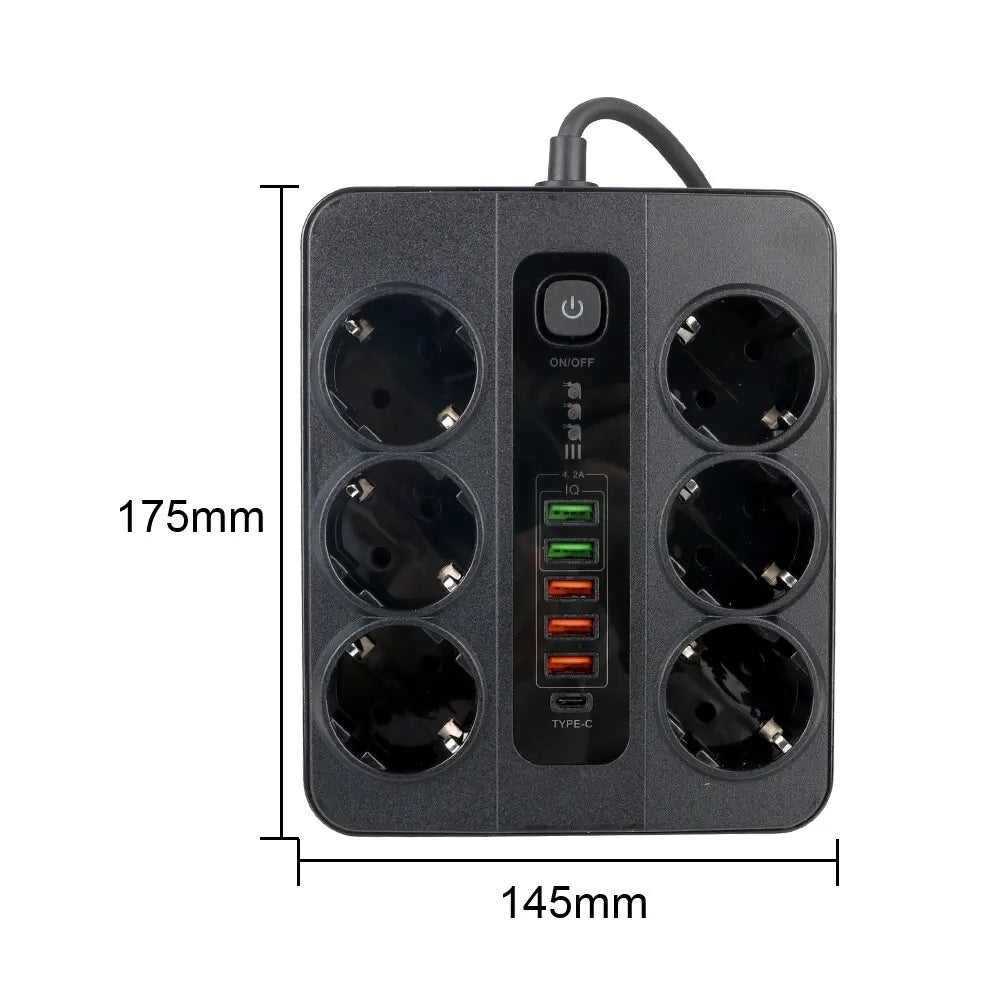 Extension Socket With Safety Switch Power Strip For Office Home EU Plug 3000W 2M Cable Overload Protection USB Type C Ports