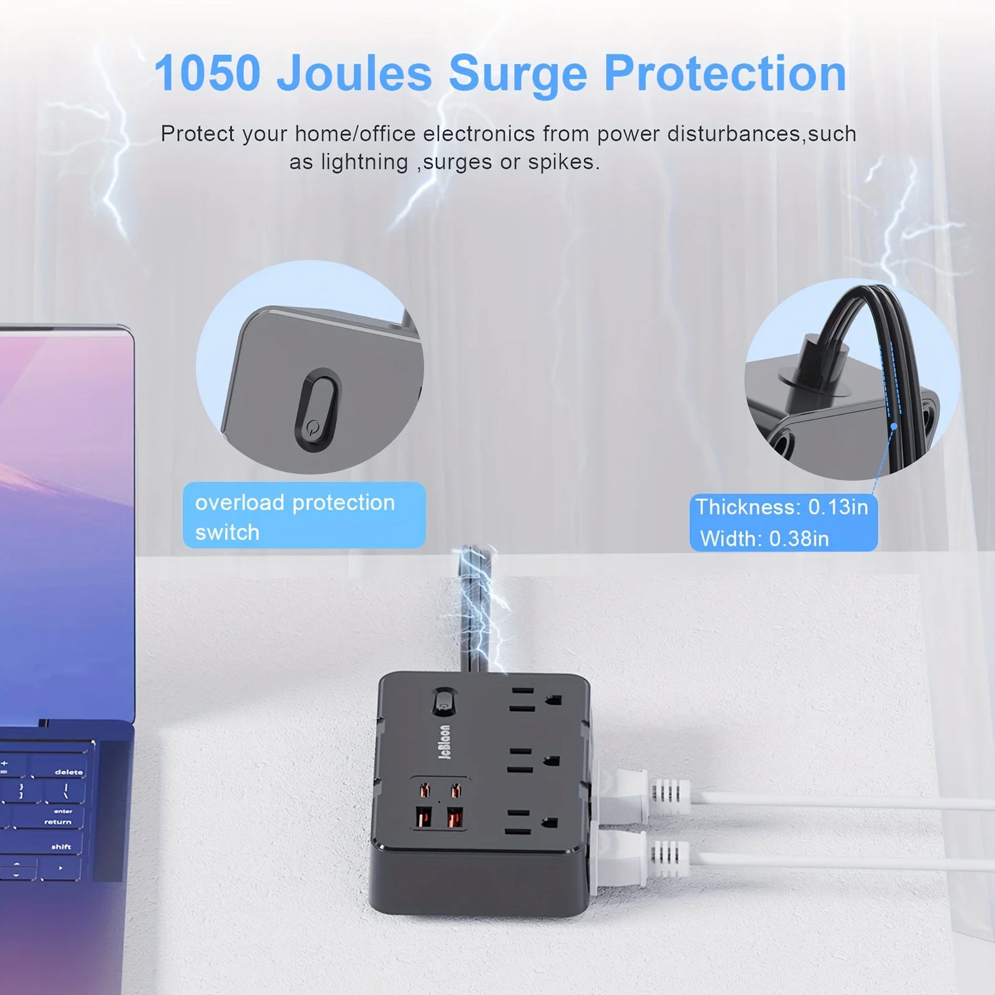 Ultraflaches Flachstecker-Verlängerungskabel mit 4 USB-Anschlüssen (2 USB C), 1,5 m Überspannungsschutz-Steckdosenleiste, 6 weit auseinander liegende Steckdosen