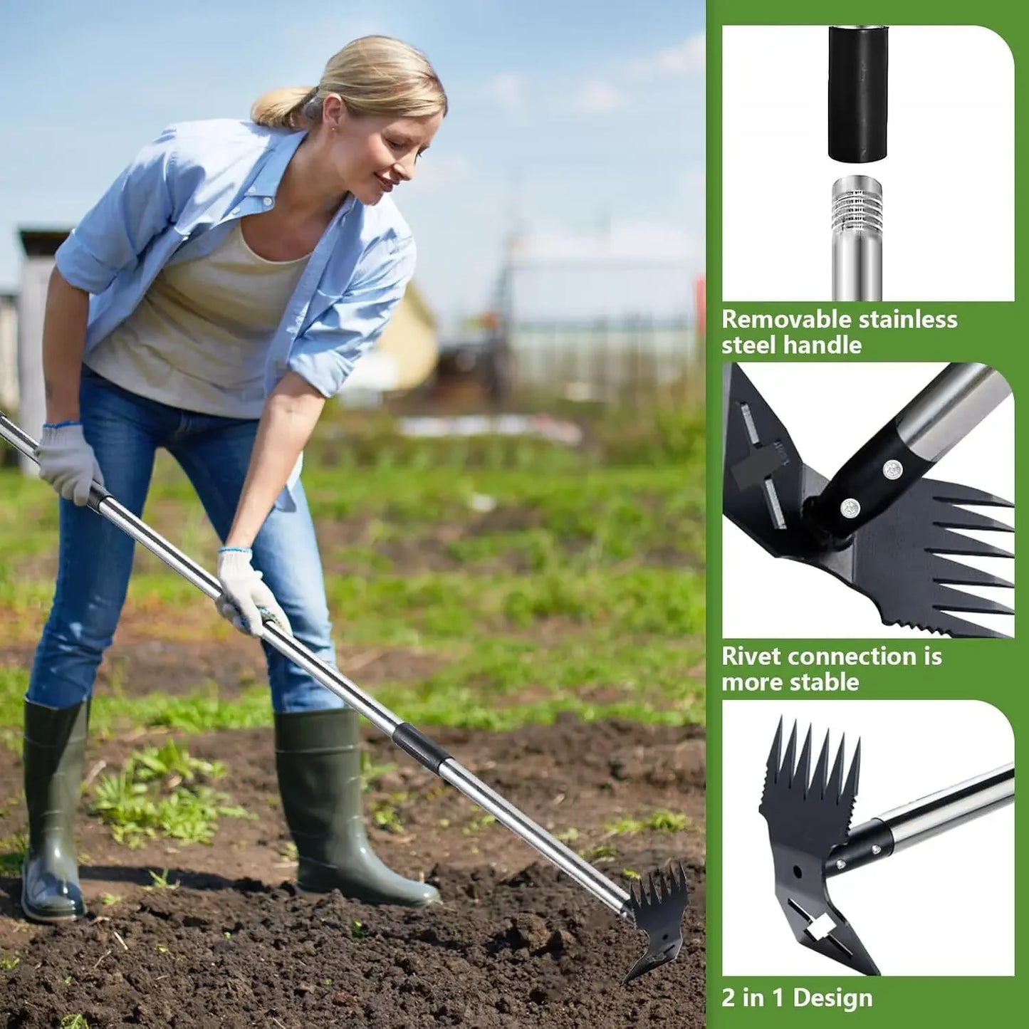Bêche double usage tout acier avec manche réglable, râteau de jardin portatif domestique, pelle de désherbage, petite houe multifonctionnelle