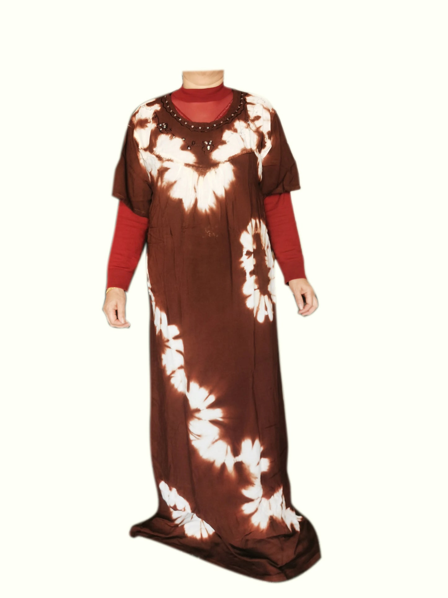 Nouvelle robe musulmane longue ample en pur coton tie-dye avec foulard, broderies scintillantes, respirante et confortable pour l'été 2025